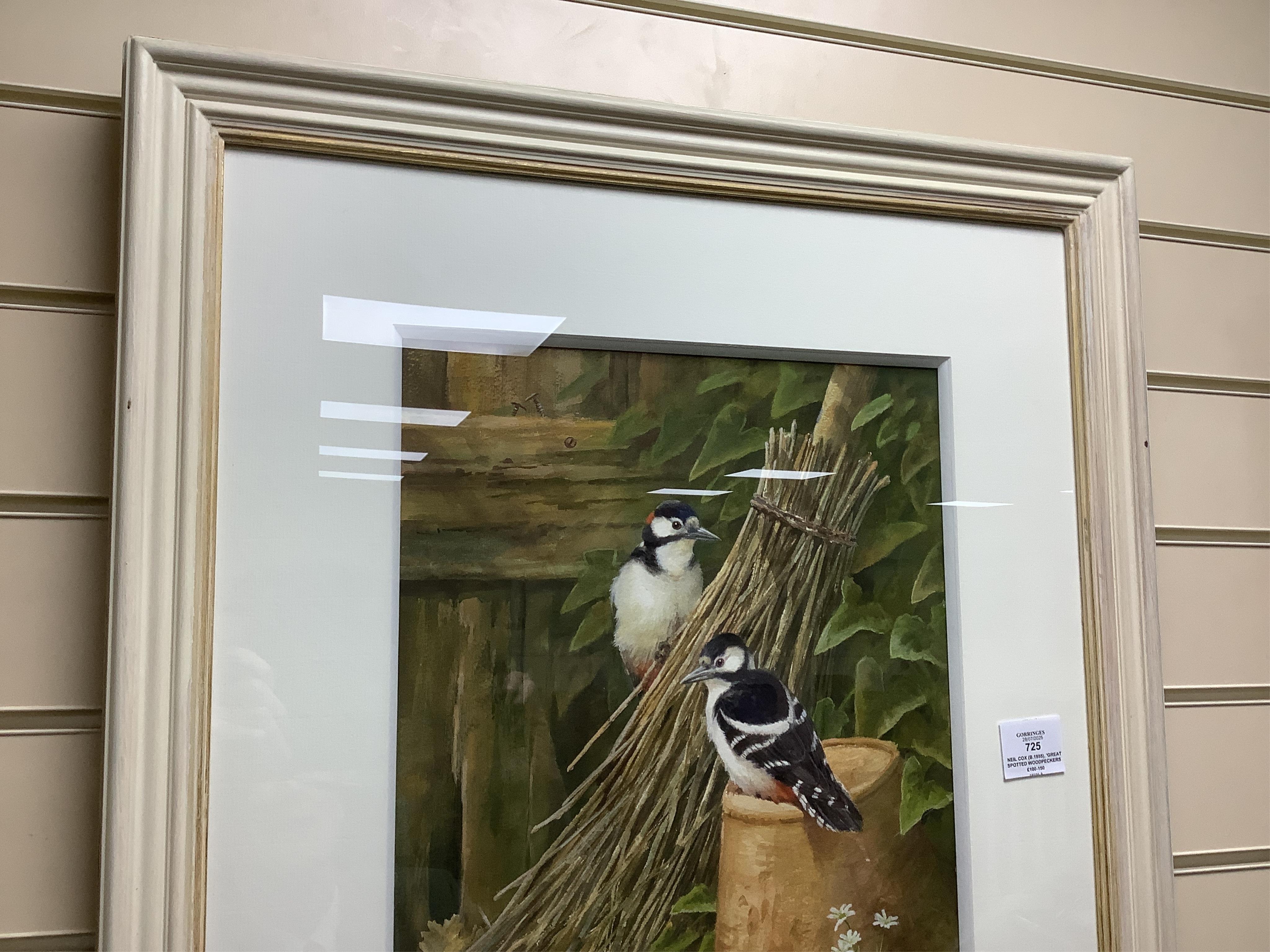 Neil Cox (b.1955), ‘Great spotted woodpeckers’, signed, watercolour, 40 x 30cm